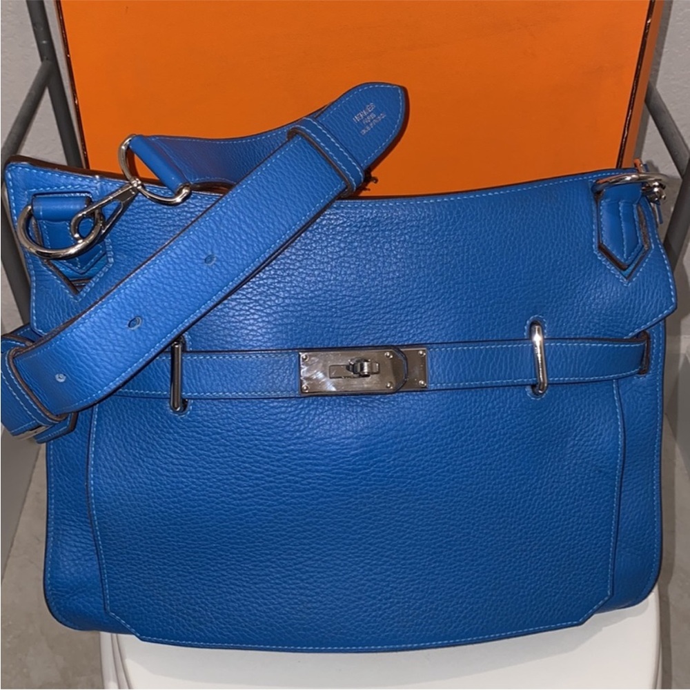 Elegant Blue Leather Handbag with Gold Accent